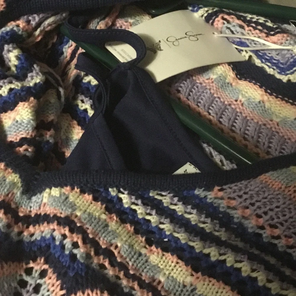 Jessica Simpson Purple Blue and White Striped Chevron Crochet Knit Midi Dress L - Picture 8 of 12